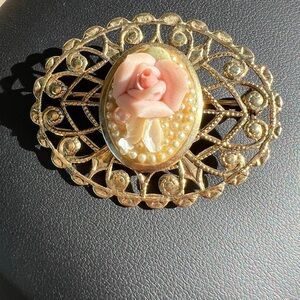 Vintage Gold-tone Capodimonte Rose Victorian Filligree Brooch